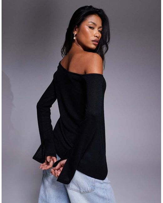 ASOS Black Off Shoulder Sheer Knit-look Asymmetric Top