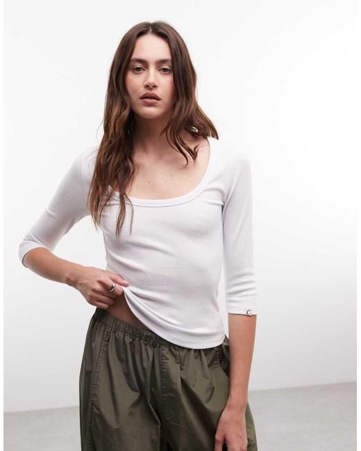 Collusion White Scoop Neck 3/4 Length Sleeve Top