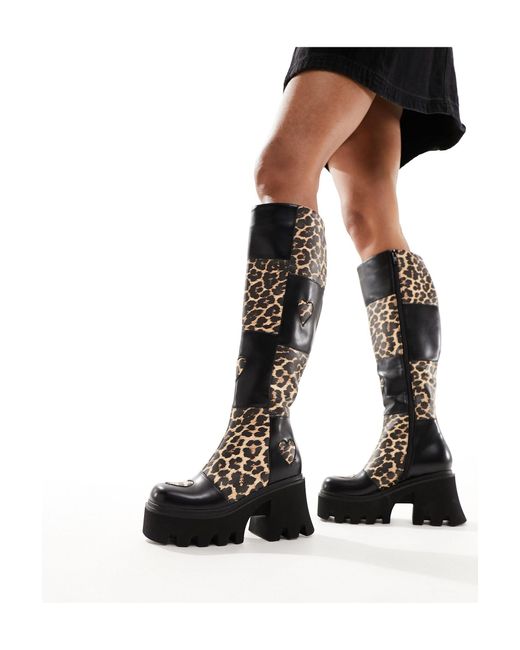 Lamoda Black – booming – klobige kniehohe patchwork-stiefel mit leopardenmuster und herzmuster