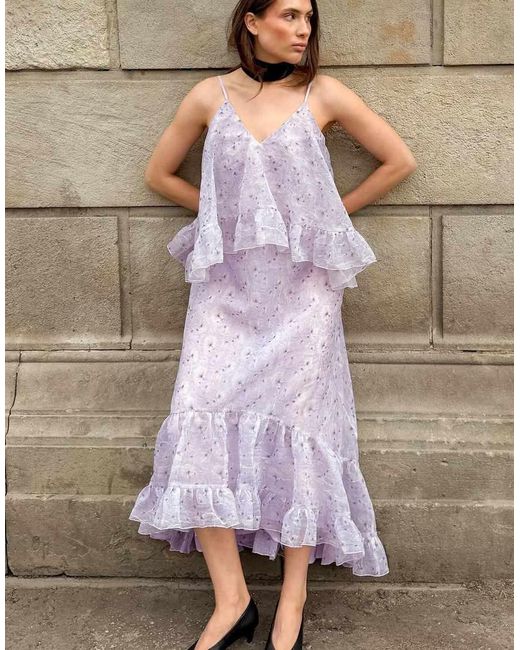 NA-KD Purple Organza V Neck Volume Maxi Dress