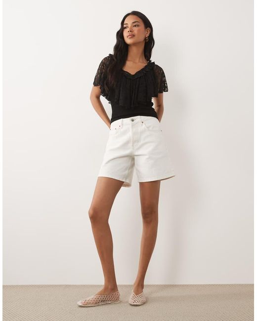 ASOS Black Shirred Lace Flutter Detail Top