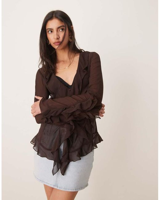Glamorous Brown Sheer Frill Detail Blouse
