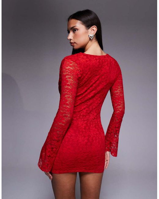 Kaiia Red Exclusive Lace Cowl Neck Flare Sleeve Bodycon Mini Dress