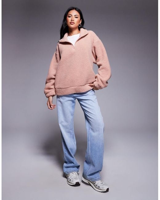 ASOS Pink Weekend Collective Borg Zip Through Fleece With Burnout Graphic