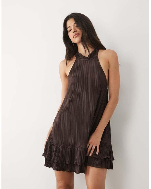 ASOS Black Plisse Halter Neck Mini Dress With Ruffle Hem