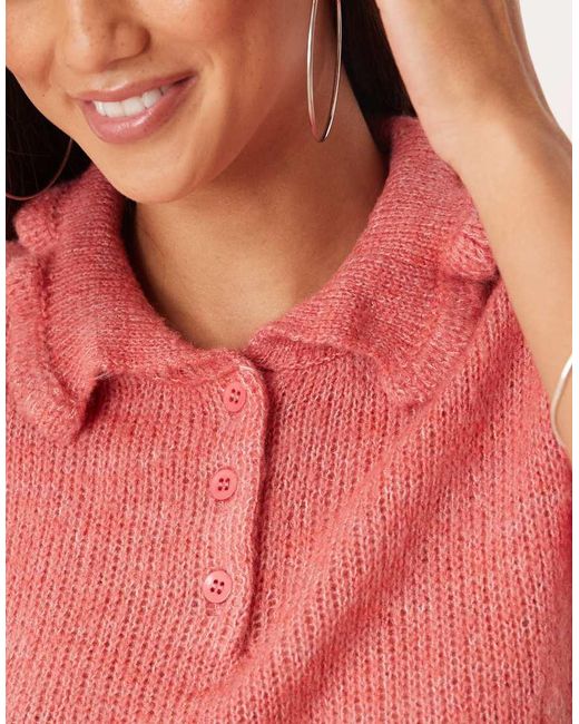 ASOS Red Frill Detail Nipped Waist Knitted Polo Top
