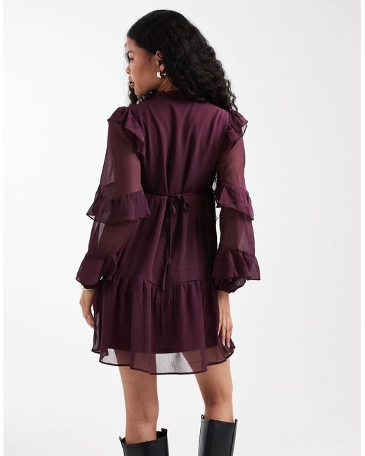 New Look Purple Ruffle Chiffon Long Sleeve Mini Dress
