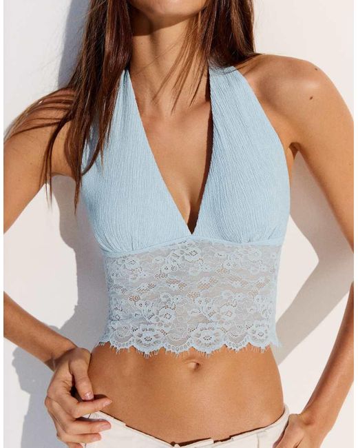 Bershka Blue Rustic Asymmetric Lace Top