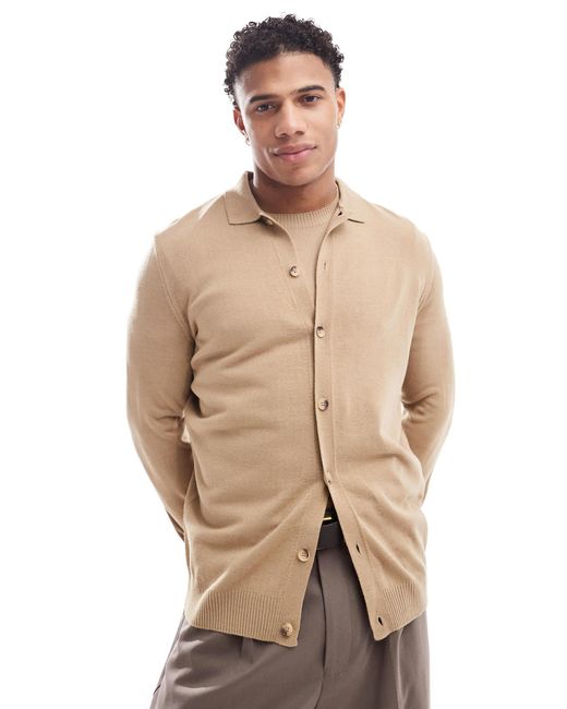 ASOS Natural Co-ord Knitted Button Through Polo for men
