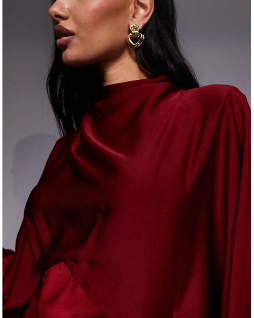 ASOS Red Funnel Neck Satin Maxi Dress With exaggerated Sleeves
