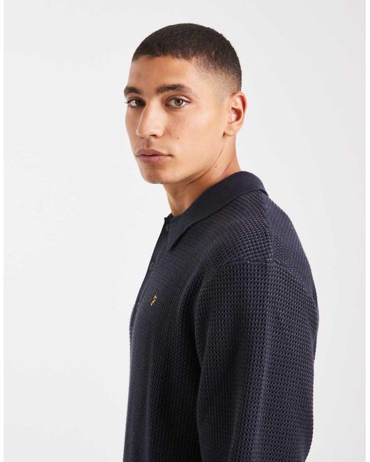 Farah Blue Gateacre Knit Long Sleeve Polo Shirt for men