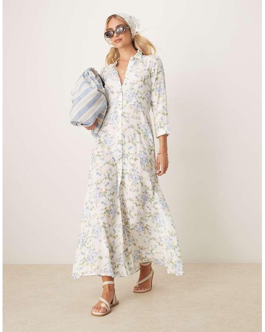 Vestito Camicia Lungo Con Stampa A Fiori Blu di Y.A.S in Natural