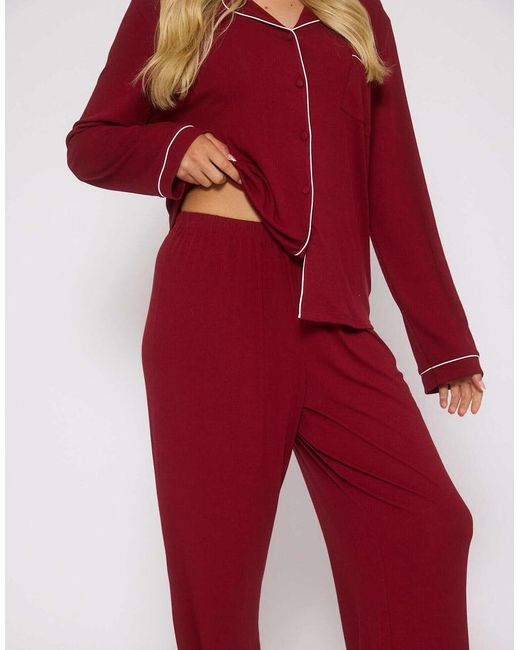 Loungeable Red Rib Long Sleeve Traditional Shirt And Long Pant