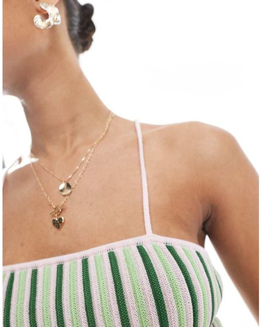 Pieces Green Textured Knit Cropped Top With Cami Straps