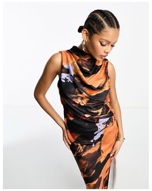 Asos Design Satin High Neck Drape Maxi Dress With Puddle Hem In