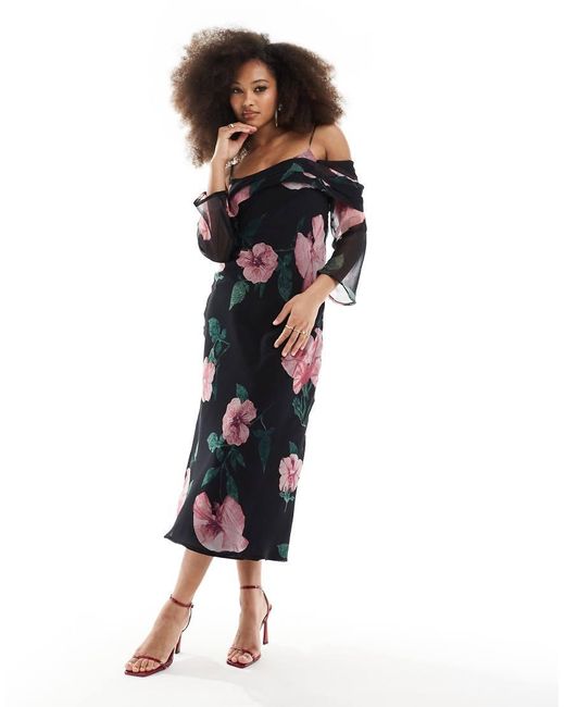 Vestito Midi A Maniche Lunghe Con Scollo Alla Bardot Nero A Fiori di ASOS in Black