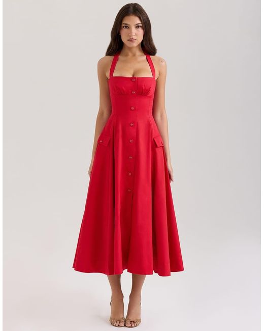 House Of Cb Red Claudia Stretch Cotton Button Halter Neck Midi Dress