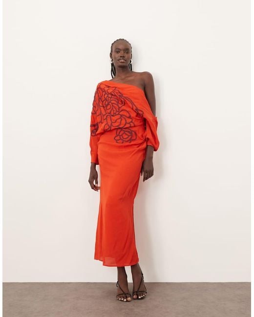 ARRANGE Red Linear Embroide Floral Slouchy Shoulder Drape Midi Dress