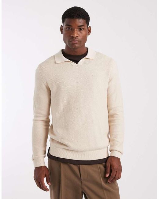 Jack & Jones Natural Premium Knitted Long Sleeve Polo for men