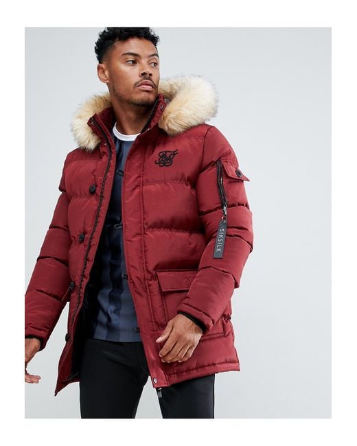 SIKSILK Parka Jacket With Faux Fur Hood In Burgundy in Red for Men | Lyst UK