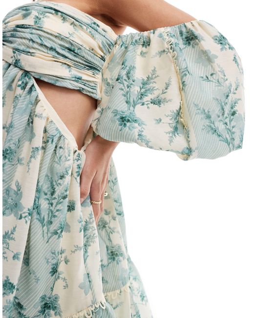 ASOS Blue Bardot Puff Sleeve Cut Out Voile Mini Dress