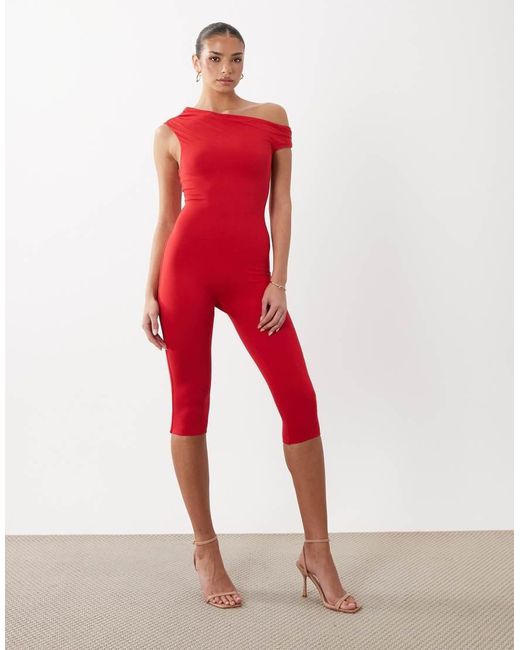 AFRM Red Gina Asymmetric Shoulder Capri Jumpsuit