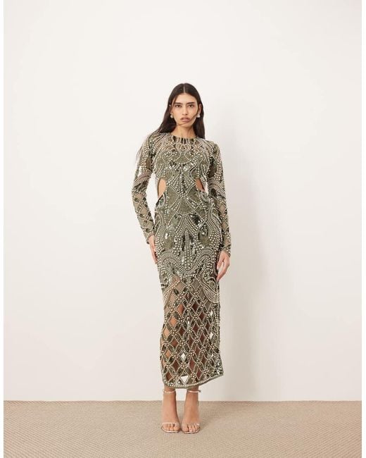 ARRANGE Natural Embellished Metal Look Cage Cut Work Maxi Dress