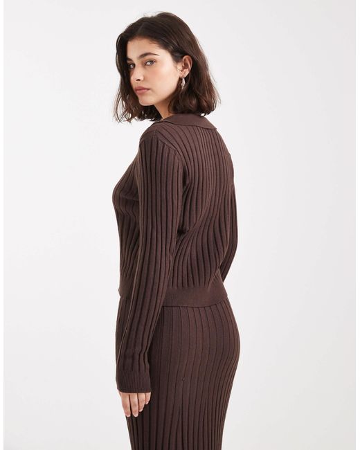 Object Brown Rib Knitted Button Front Polo Co-ord