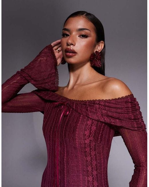 Aria Cove Purple Pointelle Knit Bardot Flare Sleeve Maxi Dress