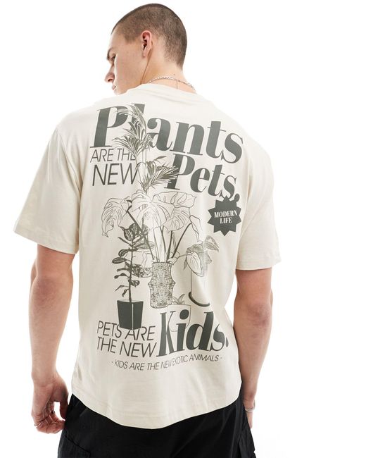 T-shirt beige con stampa di piante sul retro di Bershka in White da Uomo