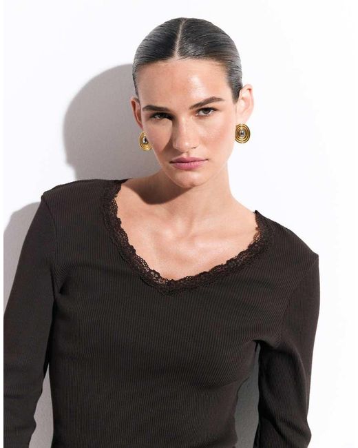 ONLY Black V Neck Long Sleeve Top With Lace Detail