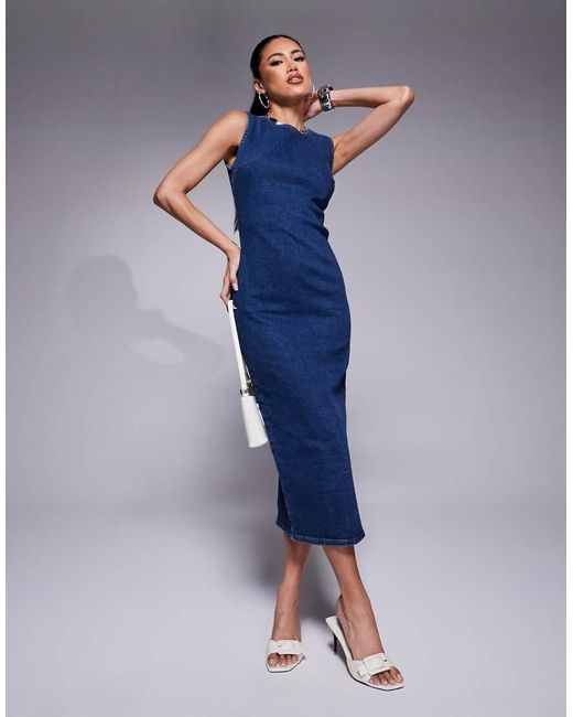 River Island Fitted Denim Midi Dress in Blue | Lyst UK