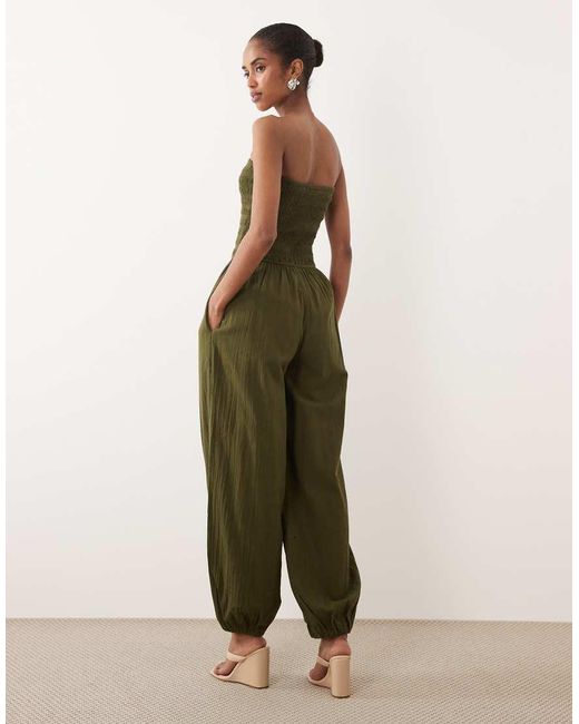 Nobody's Child Green Carly Cotton Bandeau Shirred Bodice Balloon Leg Jumpsuit