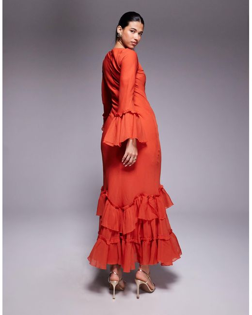 ASOS Red – gestuftes, langärmliges chiffon-maxikleid