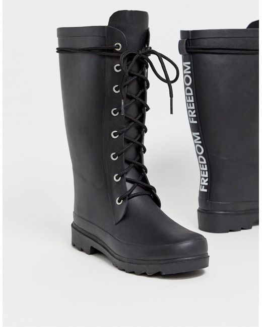 black lace up rain boots