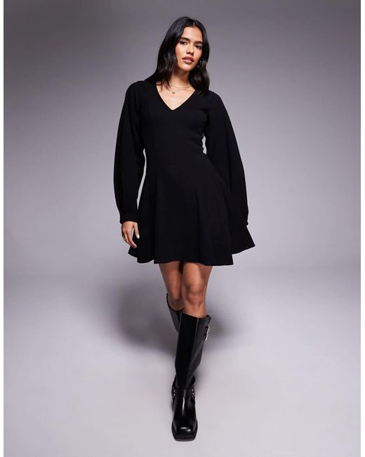 ASOS Black Supersoft V Neck Fit And Flare With Seam Detail Mini Dress
