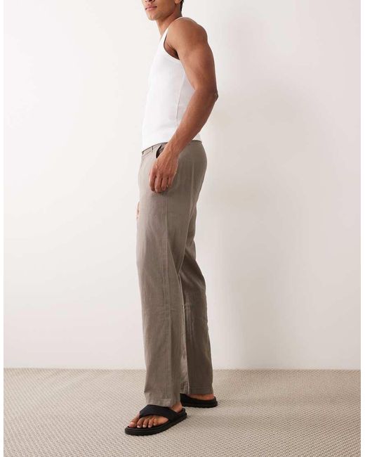 ASOS Natural Co-ord Straight Linen Blend Trousers for men