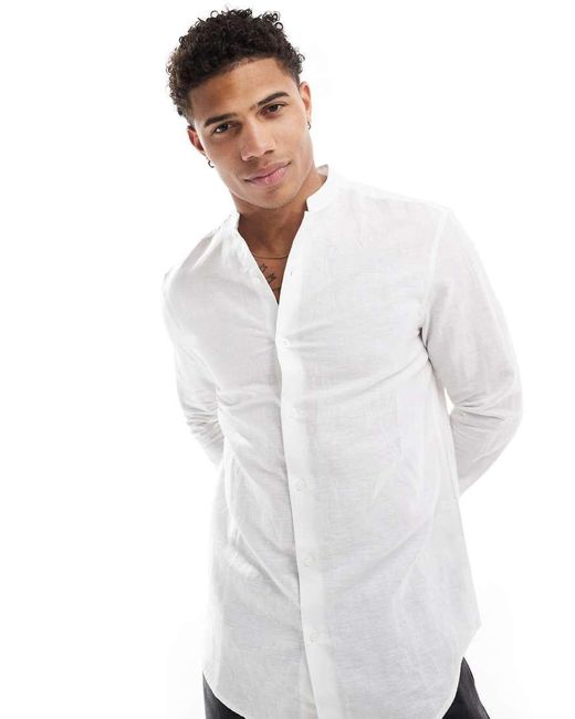 ASOS White Regular Smart Linen Shirt With Mandarin Collar for men