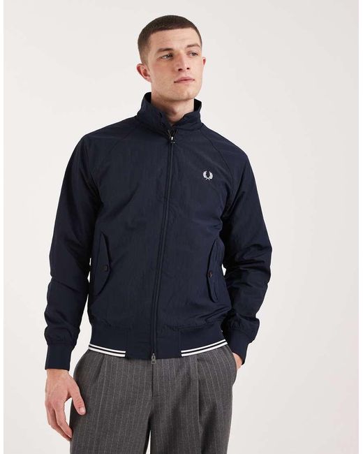 Fred Perry Blue Crinkle Tipped Hem Logo Harrington Jacket for men