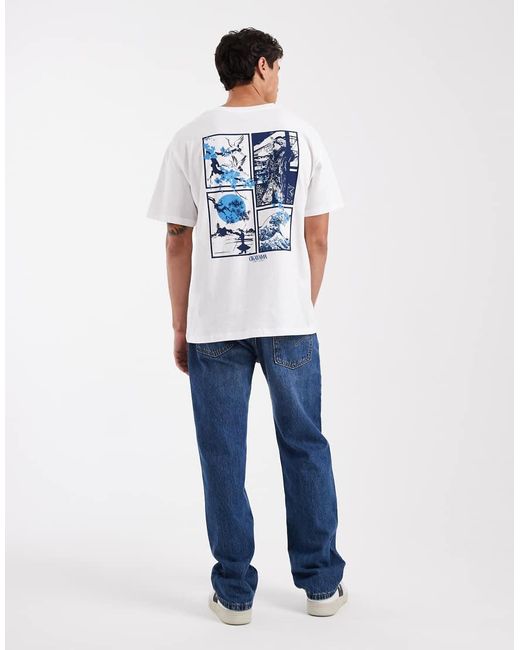 T-Shirt Oversize Bianca Con Stampa Di Giardino Giapponese Sul Retro di Jack & Jones in Blue da Uomo