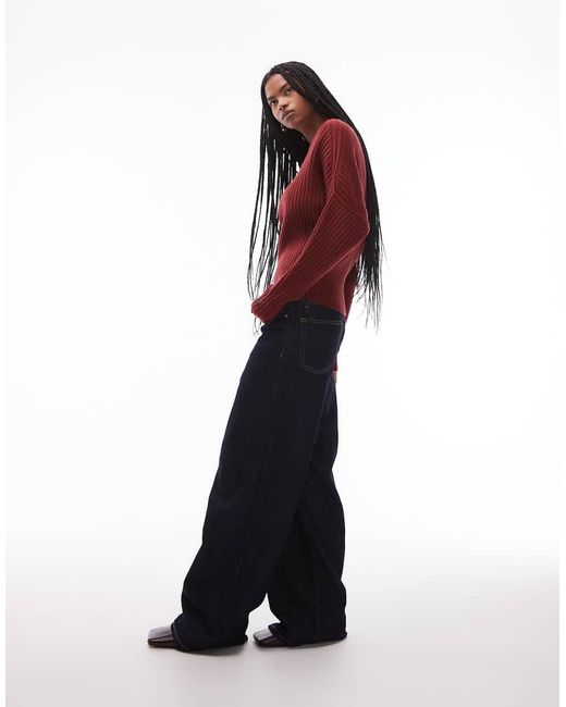 ARKET Red Pure Wool Ribbed Sweater With Cinched Waist And Batwing Sleeves