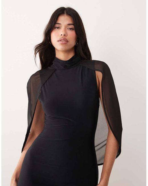 ASOS Black Soft Touch Cape Sleeve Detail Puddle Maxi Dress