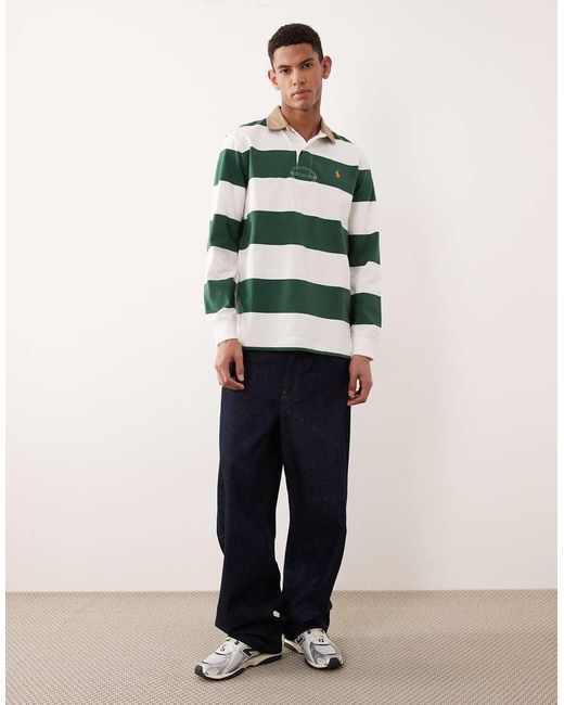 Polo Ralph Lauren Green Icon Logo Block Stripe Rugby Polo Classic Oversized Fit for men
