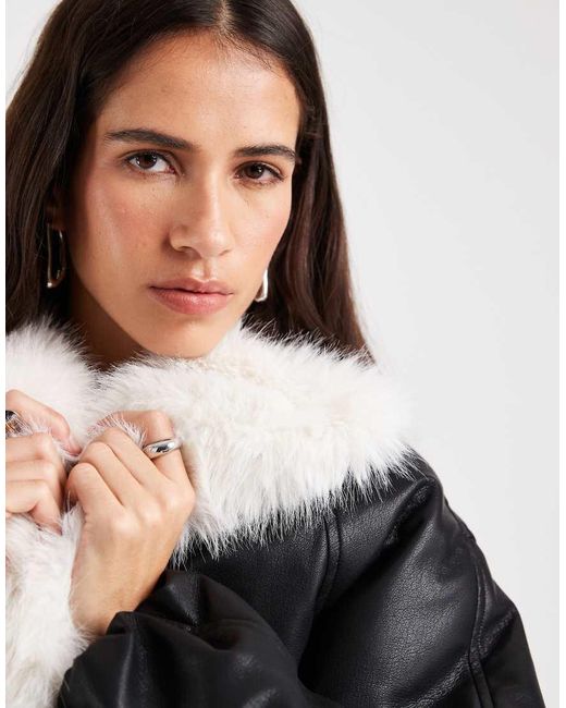 ASOS Black Leather Look Bomber Jacket With Cream Faux Fur Waterfall Colar