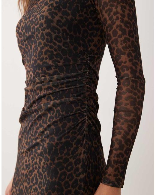 New Look Brown Ruched Mesh Midi Dress