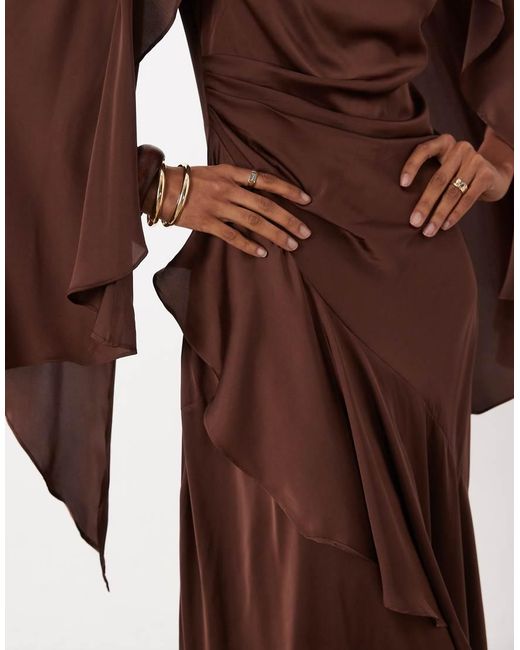 TFNC London Brown Bridesmaids Cape Top Satin Maxi Dress With Wrap Skirt