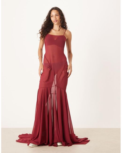 ASOS Red Chiffon Cut About Seam Detail Maxi Slip Dress