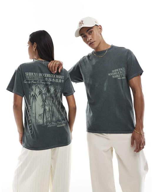 PRNT Blue Shibuya Woodblock Market Front And Back Print Washed T-Shirt