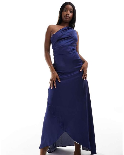TFNC London Blue Bridesmaid One Shoulder Satin Maxi Dress