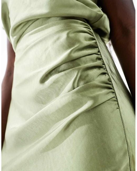 Six Stories Green Bridesmaid Ruched Drape Satin Maxi Dress